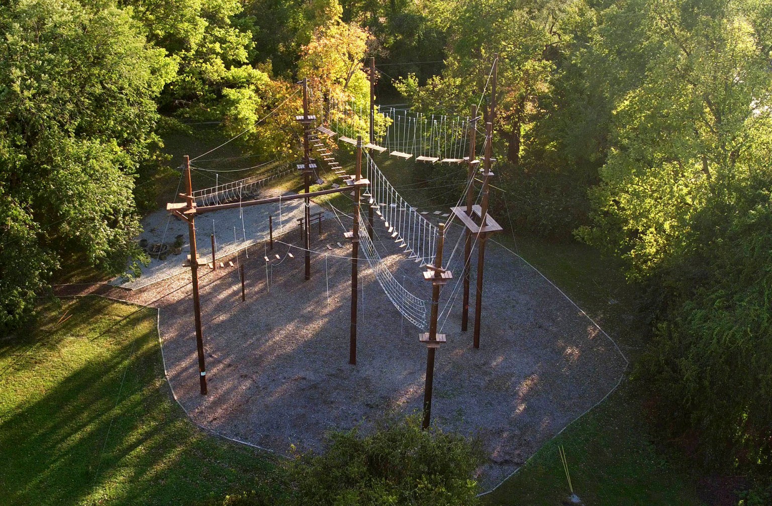 Aerial view of the outdoor ropes course among the trees