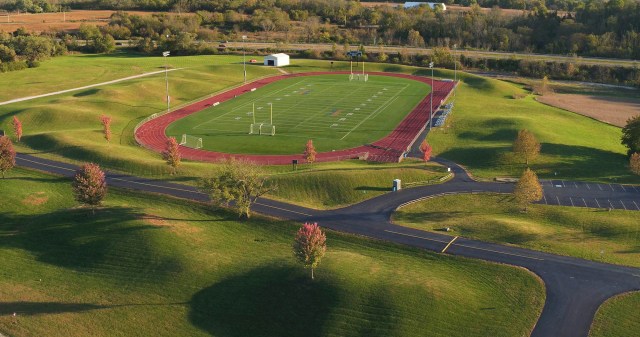 The lighted football field and all-weather track at Athletes in Action Sports Complex in Xenia.  Built on land from the former Ohio Veteran's Children's Home, Athletes in Action installed seven synthetic turf playing fields in 2006 including two soccer, two softball, one baseball and one football field.  TY GREENLEES / STAFF