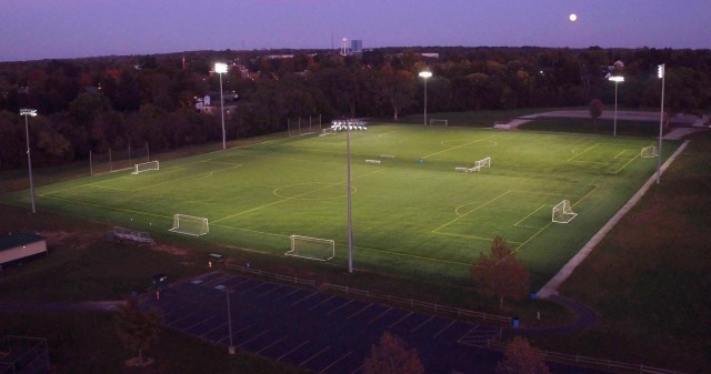 Two lighted, regulation size soccer fields at Athletes in Action Sports Complex in Xenia.  Built on land from the former Ohio Veteran's Children's Home, Athletes in Action installed seven synthetic turf playing fields in 2006 including two soccer, two softball, one baseball and one football field.  TY GREENLEES / STAFF
